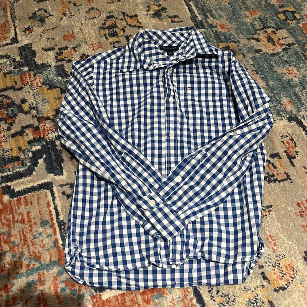 EUC Tommy Hilfiger Boys Large Button-Down, Blue and white plaid.